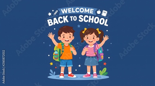 Happy children waving hello with backpacks for back to school education concept illustration
