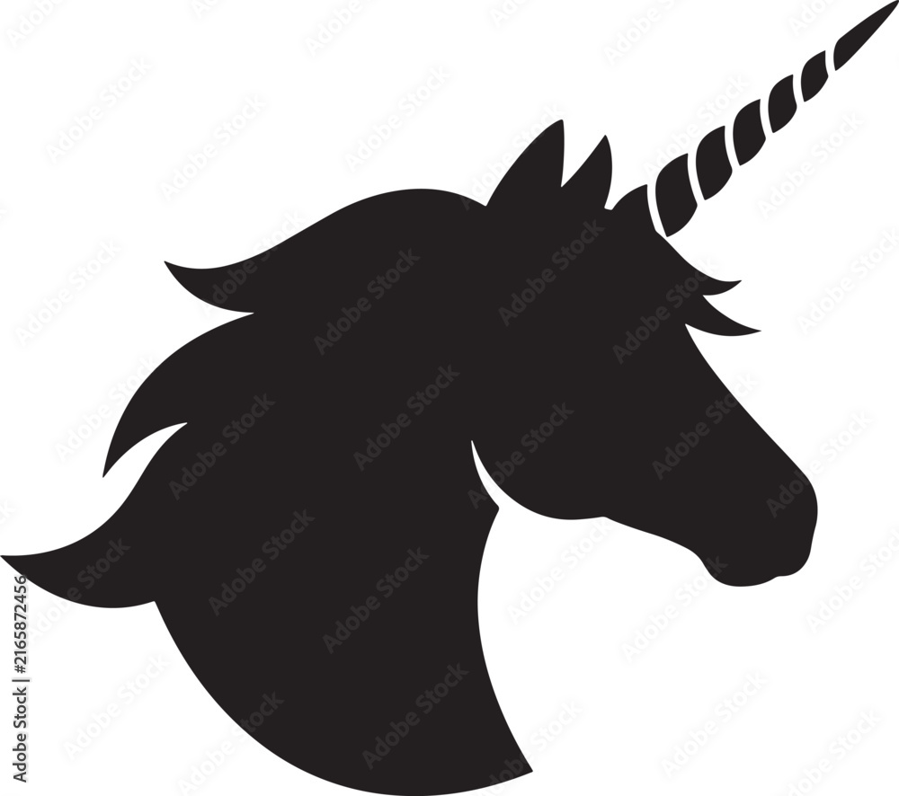 Fototapeta premium Black silhouette of a unicorn head profile with a long spiraled horn and flowing mane animal fantasy