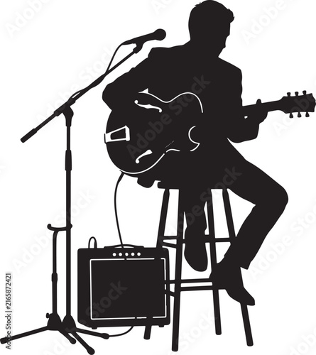 Black silhouette of a seated musician playing an electric guitar next to a microphone stand and amplifier
