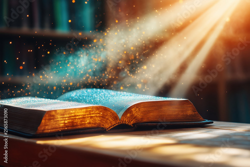 Open magic book lying on a wooden table with glowing golden sparks and light beams streaming down in a library background.