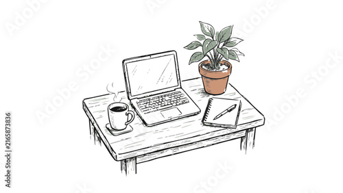 Minimalist line drawing of a small workspace desk with laptop, coffee cup, and potted plant arranged neatly.