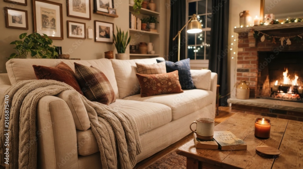 Fototapeta premium Cozy living room interior with fireplace and comfortable sofa