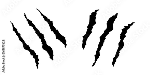 Three black claw scratch marks create a bold torn and ripped effect. Sharp jagged slashes form a dark abstract design element for horror posters, gaming graphics, textures and backgrounds.