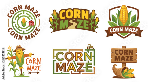 A vibrant assortment of corn maze logos ideal for fall festivals and agricultural events, showcasing playful styles with corn, farm elements, and seasonal themes.