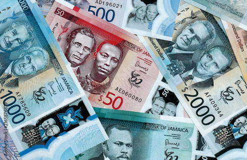 Photography Jamaican dollar money banknotes pile on table