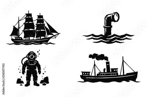 Maritime theme vector collection with ships and deep sea diver
