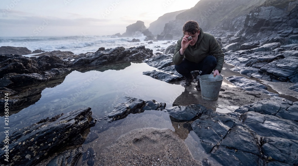 Fototapeta premium Beachcomber crouched at a tide pool inspecting a small sea shell