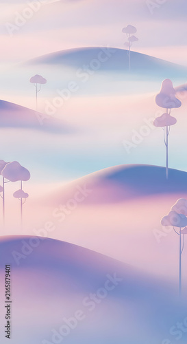 Pastel minimal hills with sparse trees in foggy misty landscape