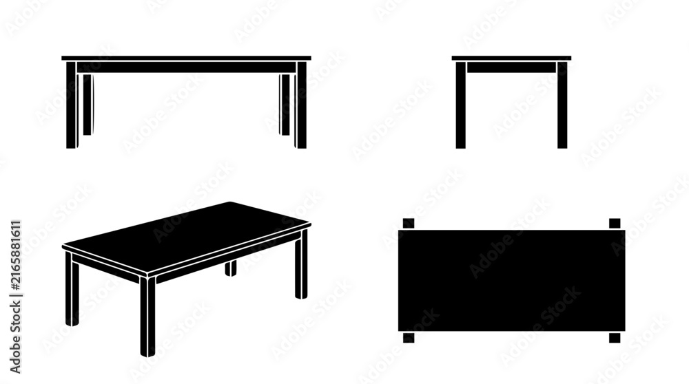 Fototapeta premium Minimalist Black Table Silhouette Icon Set with Multiple Perspectives