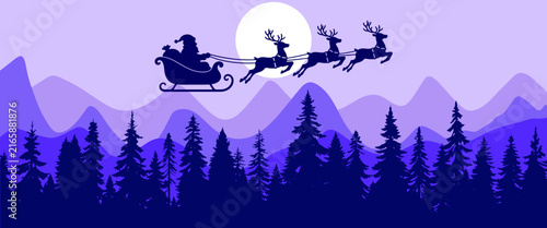 Santa sleigh flying over a snowy forest. Festive layered silhouette style under a full moon. Horizontal vector illustration for Christmas design.