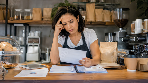 Stressed business owner reviewing bills and paperwork at a cafe counter, illustrating financial pressure, rising costs, budgeting, expenses, and business challenges.