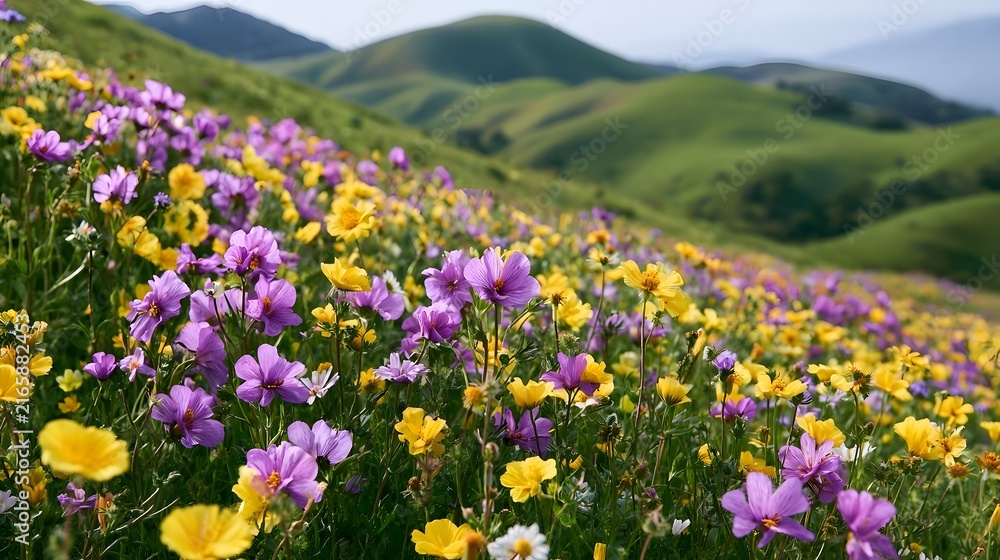 Fototapeta premium A vibrant field of purple and yellow wildflowers blankets a rolling green hillside under soft daylight