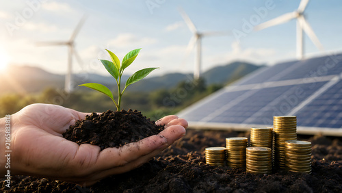 Hand holding a young plant with stacked coins beside solar panels and wind turbines, illustrating sustainable investment, green finance, renewable energy, and growth.