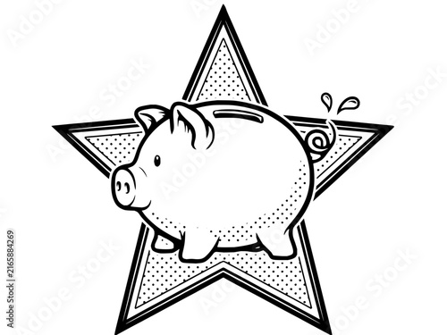 Piggy bank centered inside a decorative star with dot patterns in black and white line art