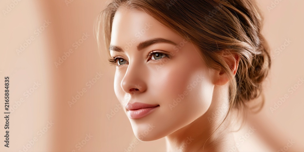 Fototapeta premium Elegant closeup portrait of a confident young woman with natural makeup and soft warm lighting against a neutral background for beauty branding.
