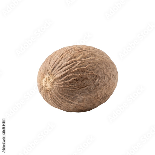 Dried nutmeg seed featuring a rough textured brown surface isolated on white background with high quality crisp studio lighting details