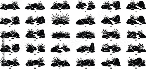 Rocks and Wild Grass Vector Set with Boulders Meadow Plants Reeds and Stone Elements Silhouette Illustration