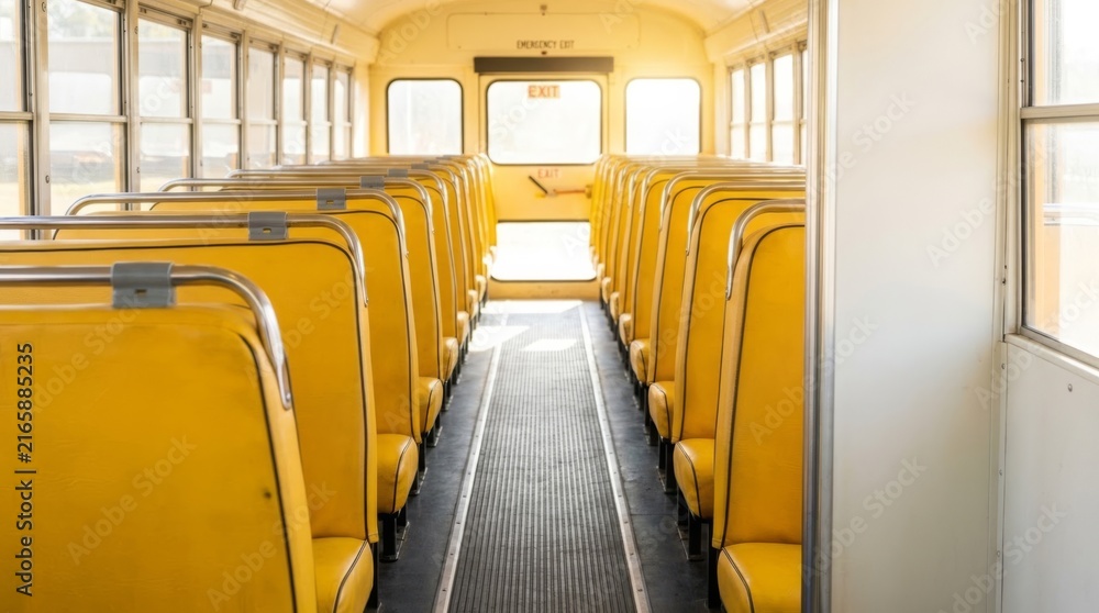 Fototapeta premium Empty Yellow School Bus Interior with Aisle and Seats - Advertising Ready Perspective