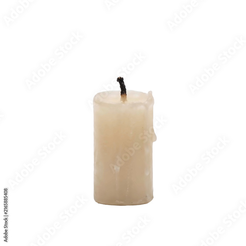 Small white wax candle featuring a charred black wick with uneven melted texture against a clean isolated studio white backdrop