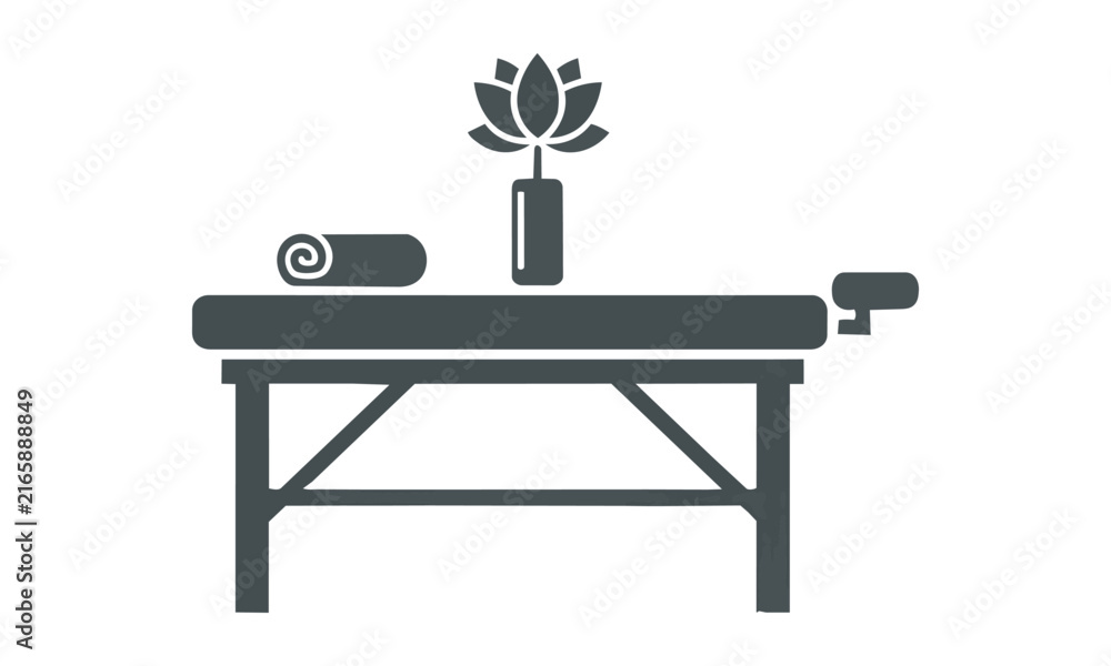 Fototapeta premium Minimalist massage table with a rolled towel and a lotus flower in a vase isolated on white. Wellness and self care concept