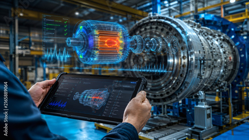 Industrial technician holding tablet with 3D turbine motor predictive maintenance hologram