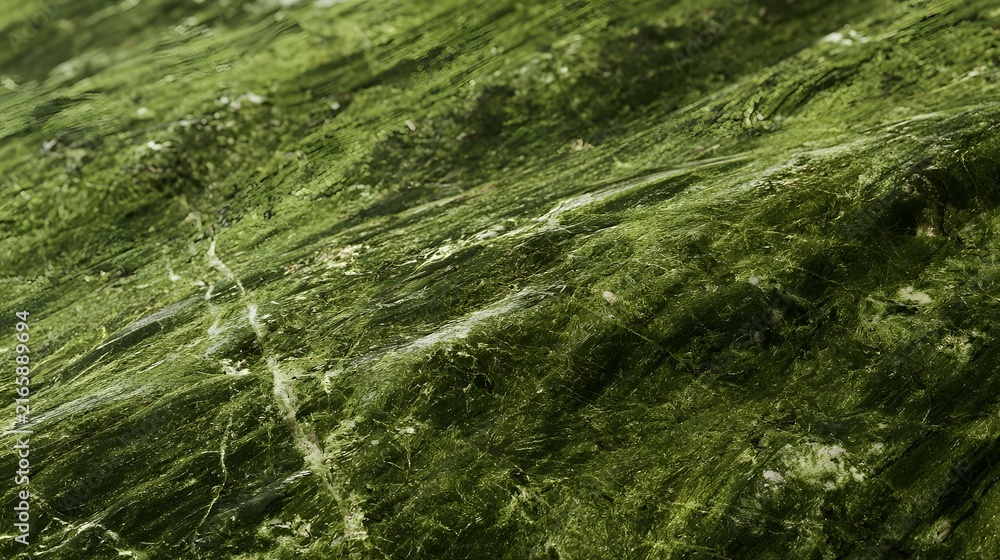 Fototapeta premium Close up of a green stone surface with natural veining and textured patterns showing organic details under soft lighting