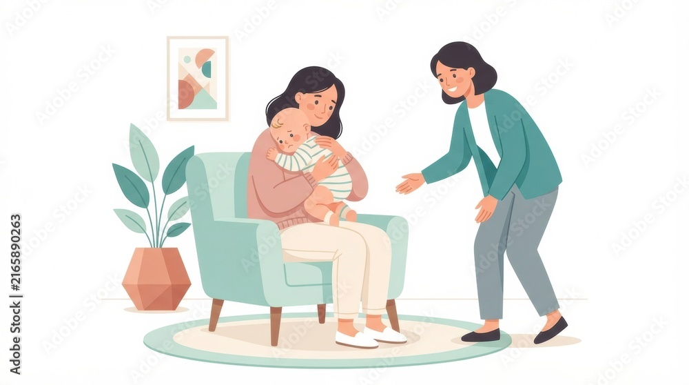 Fototapeta premium A mother sits on a chair holding her infant while a visitor greets them in a cozy home environment focused on early development.