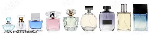 Various perfumes in bottles on transparent background, set