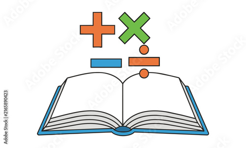 Open book with mathematical operator symbols rising from blank pages in a minimal flat style education concept