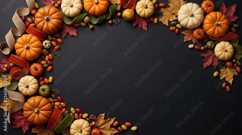 Fototapeta premium Halloween pumpkin border on dark black background