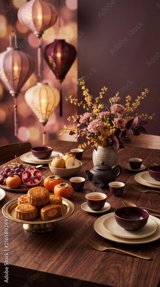 Fototapeta premium Elegant Mid Autumn Festival Table with Mooncakes Tea and Lanterns