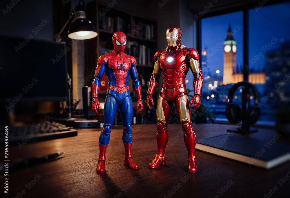 Naklejka premium Iron Man, Spider-Man, Marvel Comics Superhero Collectible Action Figures, Marvel Cinematic Universe (MCU) Avengers Characters, London, United Kingdom - August 2026