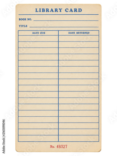 Vintage library card on beige paper with blue lending grid and red serial number, front view education record isolated on transparent background