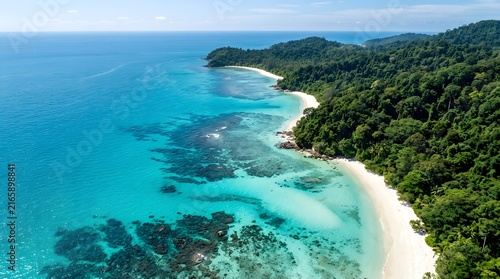 Aerial drone view of pristine tropical white sand beach with turquoise ocean waves and lush green forest