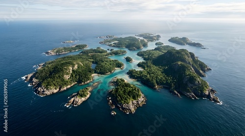 Aerial view of tropical archipelago with turquoise waters and lush green islands in serene ocean