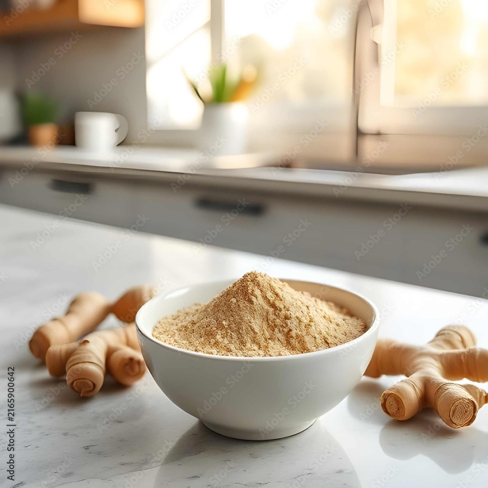 Fototapeta premium Small white ceramic bowl filled with fine ginger powder and fresh ginger roots on a kitchen counter