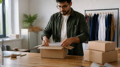 Focused entrepreneur meticulously packing an online customer order in a clean home workspace, ensuring secure delivery for small business success