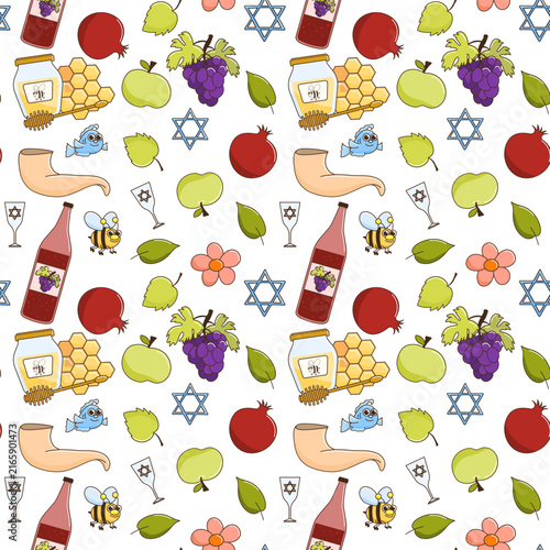 Cute seamless Rosh Hashanah pattern with Jewish New Year doodle elements
