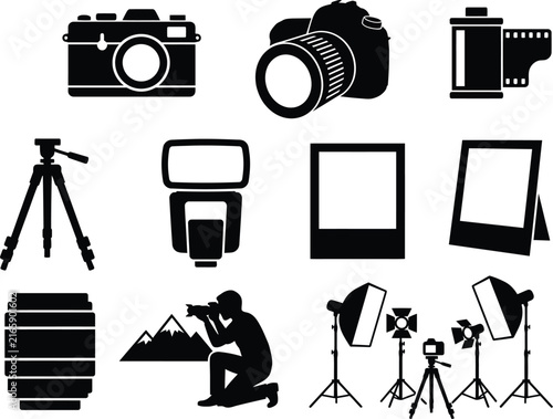 Photography and camera equipment vector icon set with photographer, studio lights, and lens symbolsPhotography and camera equipment vector icon set with photographer, studio lights, and lens symbols