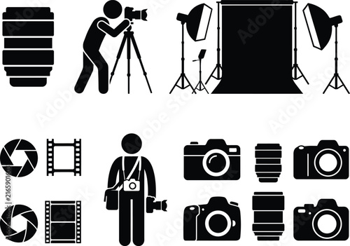 Photography and photo studio equipment vector icon set with cameras, lenses, and lighting