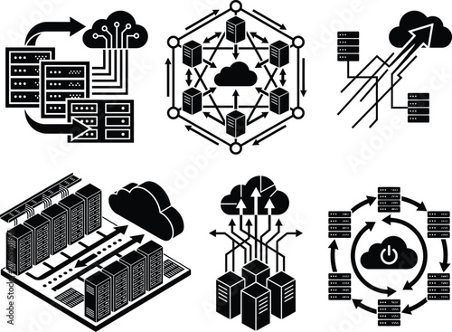 Server rack cloud computing icon set vector illustration of data center and networking technologyServer rack cloud computing icon set vector illustration of data center and networking technology