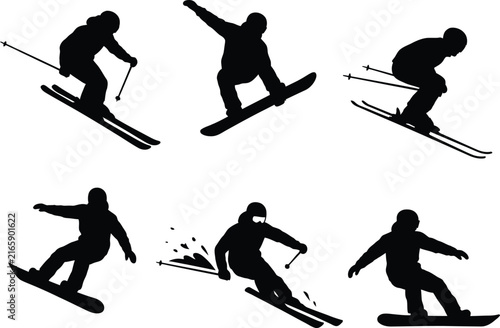 Skiing and snowboarding winter sport vector icon set with action poses and downhill symbolsSkiing and snowboarding winter sport vector icon set with action poses and downhill symbols