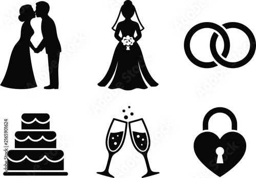 Wedding and marriage vector icon set with bride, groom, rings, cake, and celebration symbolsWedding and marriage vector icon set with bride, groom, rings, cake, and celebration symbols