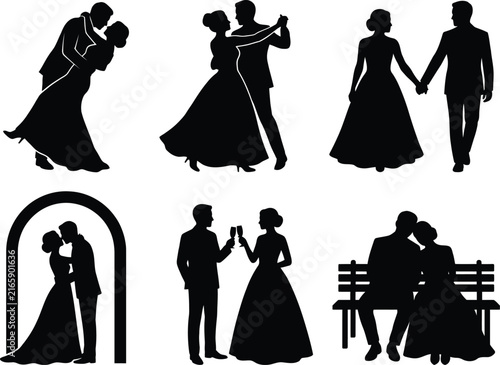 Wedding couple vector silhouette collection with romance, dancing, and marriage ceremony symbolsWedding couple vector silhouette collection with romance, dancing, and marriage ceremony symbols
