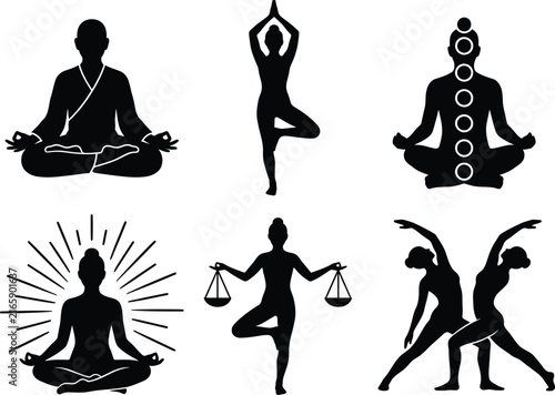 Yoga and meditation vector icon set with mindfulness, chakra, and relaxation posesYoga and meditation vector icon set with mindfulness, chakra, and relaxation poses