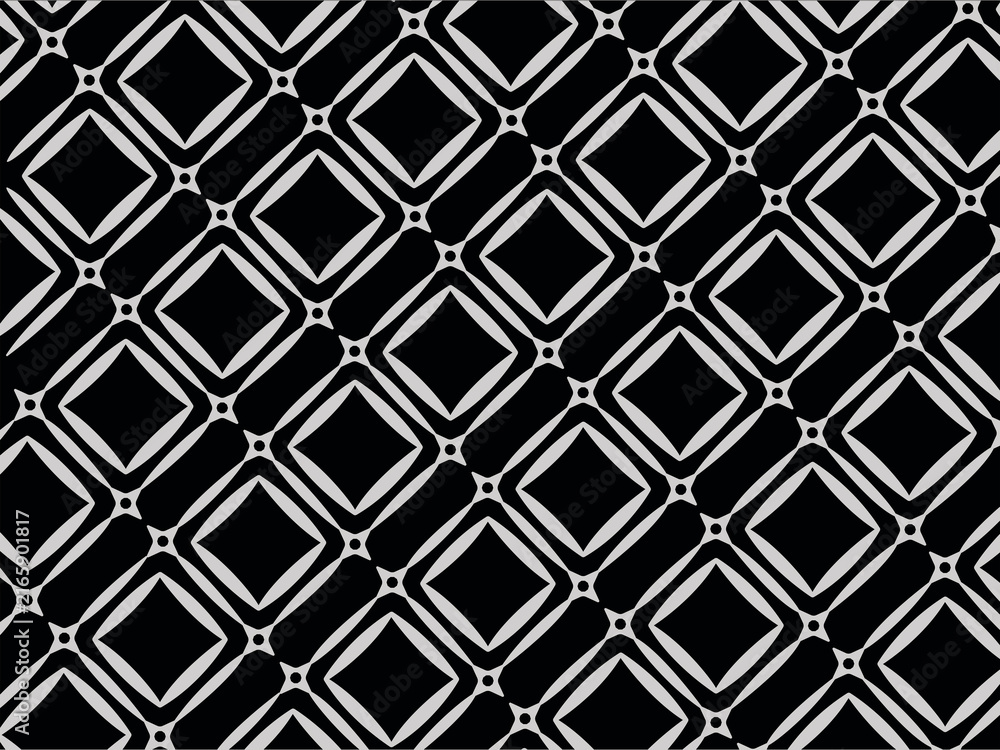 Bold seamless geometric pattern featuring repeating diamond frames connected by small ornamental nodes on a contrasting black background. Modern abstract design suitable for wallpaper, textile prints.