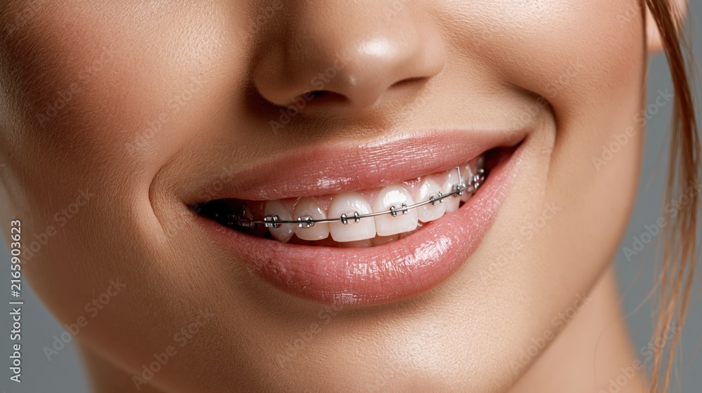 Obraz premium Young woman showing her straight white teeth with metal braces and smiling brightly in a clinic