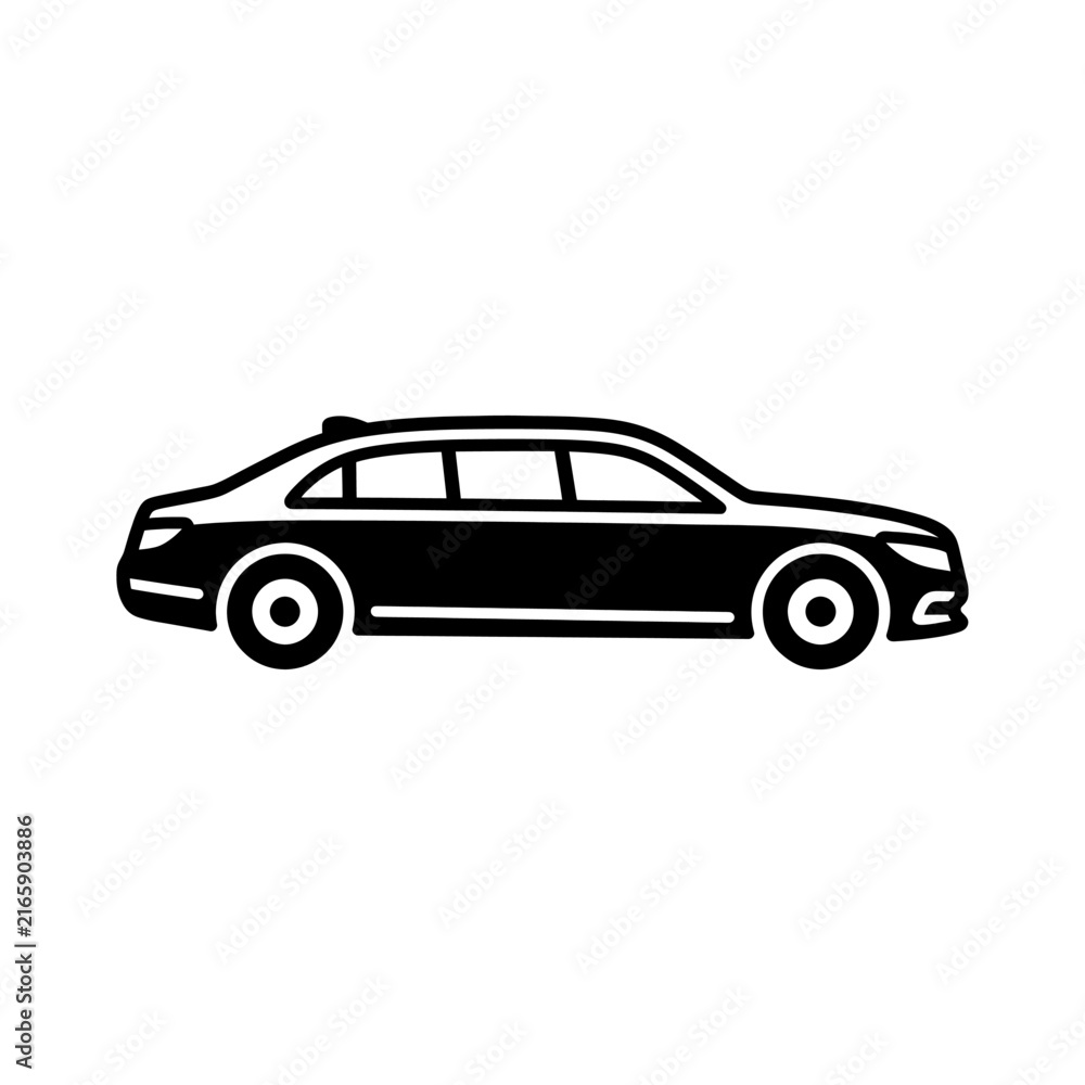 Fototapeta premium Minimalist Side View Limousine Icon Representing Luxury Transportation and Executive Chauffeur Services for Business or Event Travel on White Background Vector limousine, limo, car, vehicle