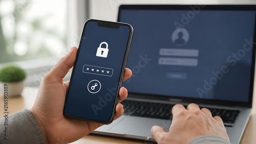 Close-up of a person using a smartphone with two-factor authentication security screen next to a laptop