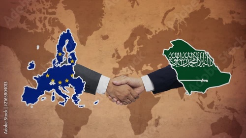 High Quality Animation Featuring Handshake of European Union and Saudi Arabia